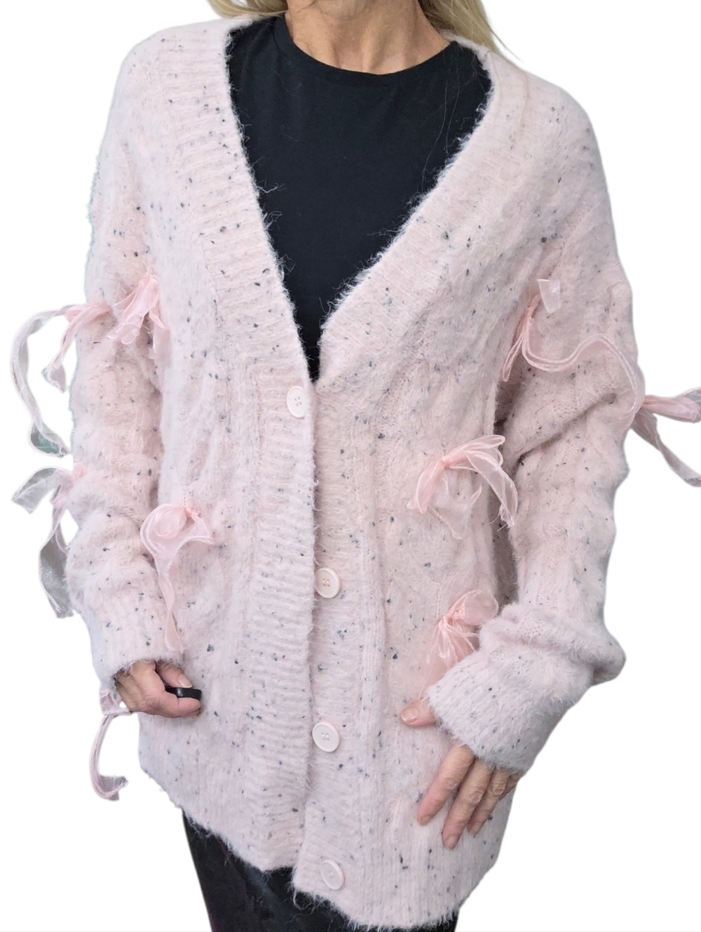 Aelfric Eden Pink Fuzzy Bow Cardigan Coquette Sweater M
